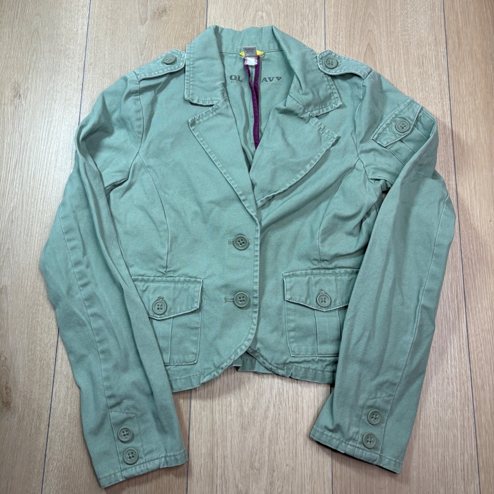 Old Navy Y2K Women Sage Green Utility Blazer Jacket Military Cargo Pockets Small
